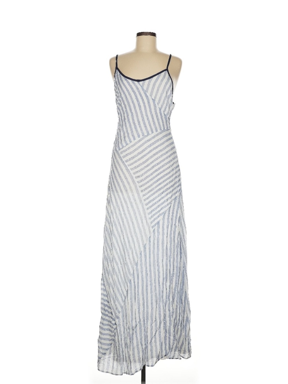 C. Luce Blue and White Striped Maxi Slip Dress with Navy Trim